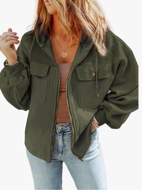 Olive Green Sherpa Zip-up Hooded Jacket - Women, Size XL